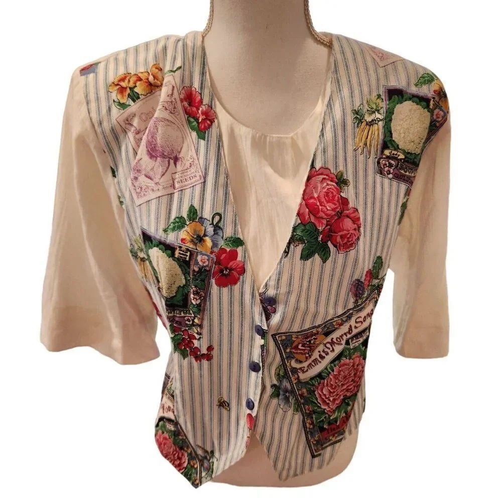 Vintage 80s Tapestry Floral Shirt Vest Combo M Granny Grandma Core White Blue